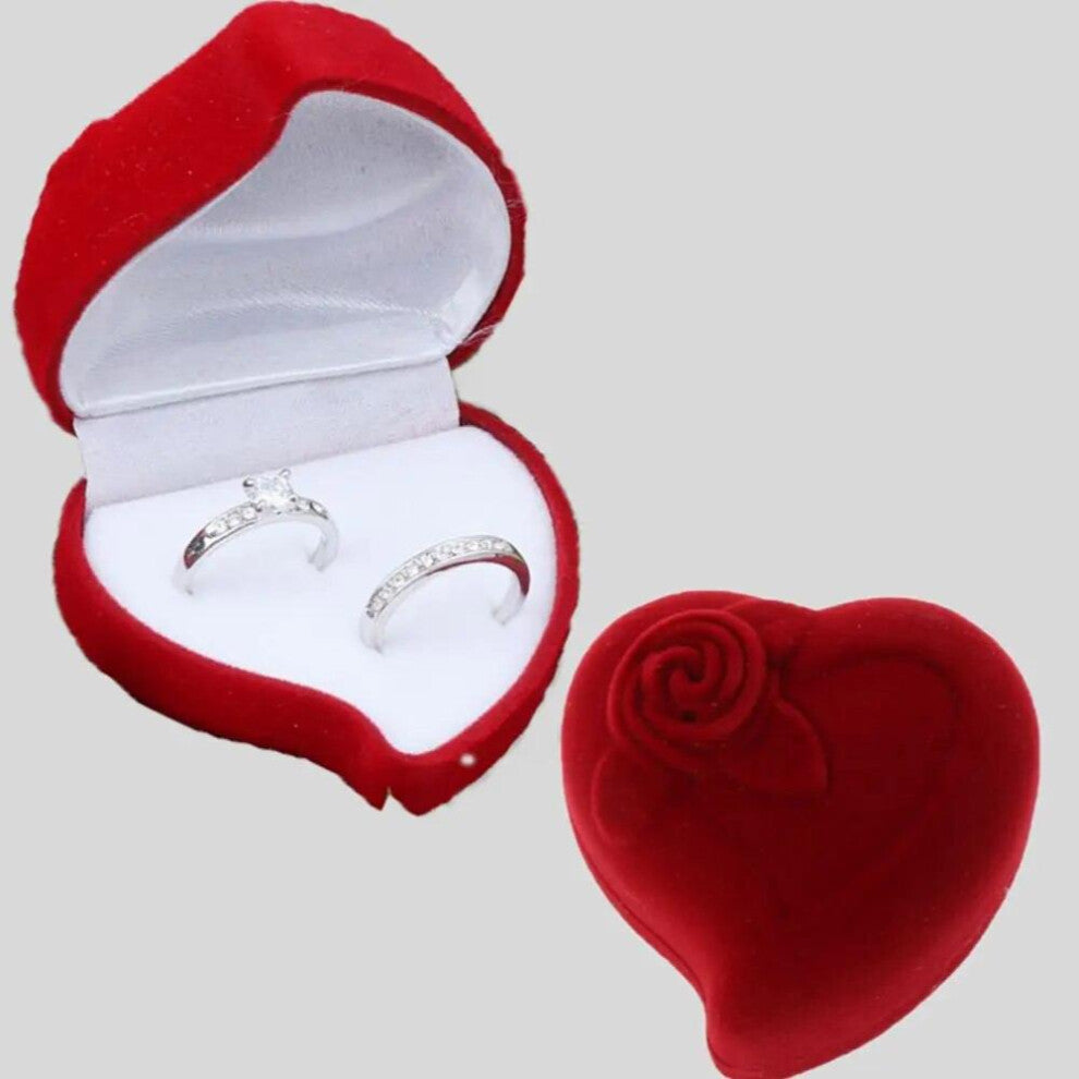 Engagement Wedding Heart Shape Double Ring Storage Box Ring Display Box Velvet Jewelry Box Red Rose