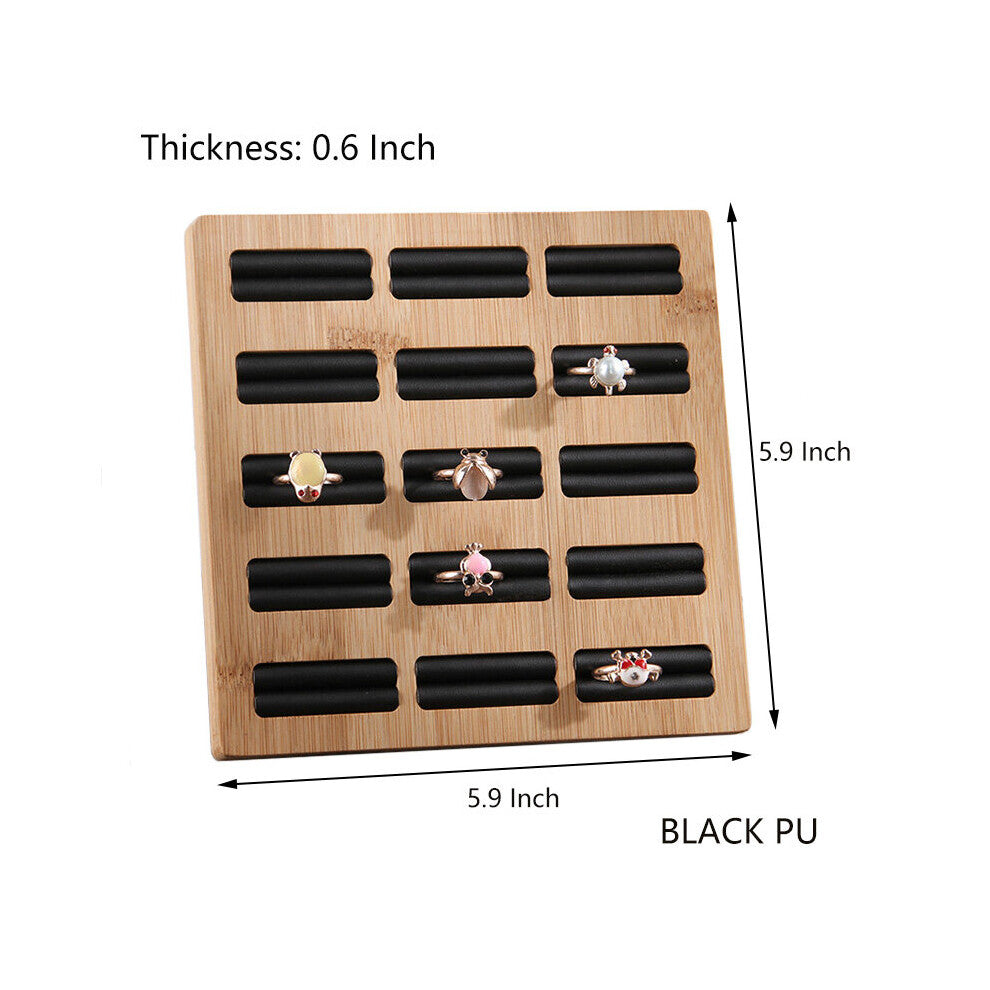 15 Grid Bamboo + PU - Velvet Ring Earrings Organizer Makeup Storage Rack Jewelry Rings Display Board Desktop Counter Display