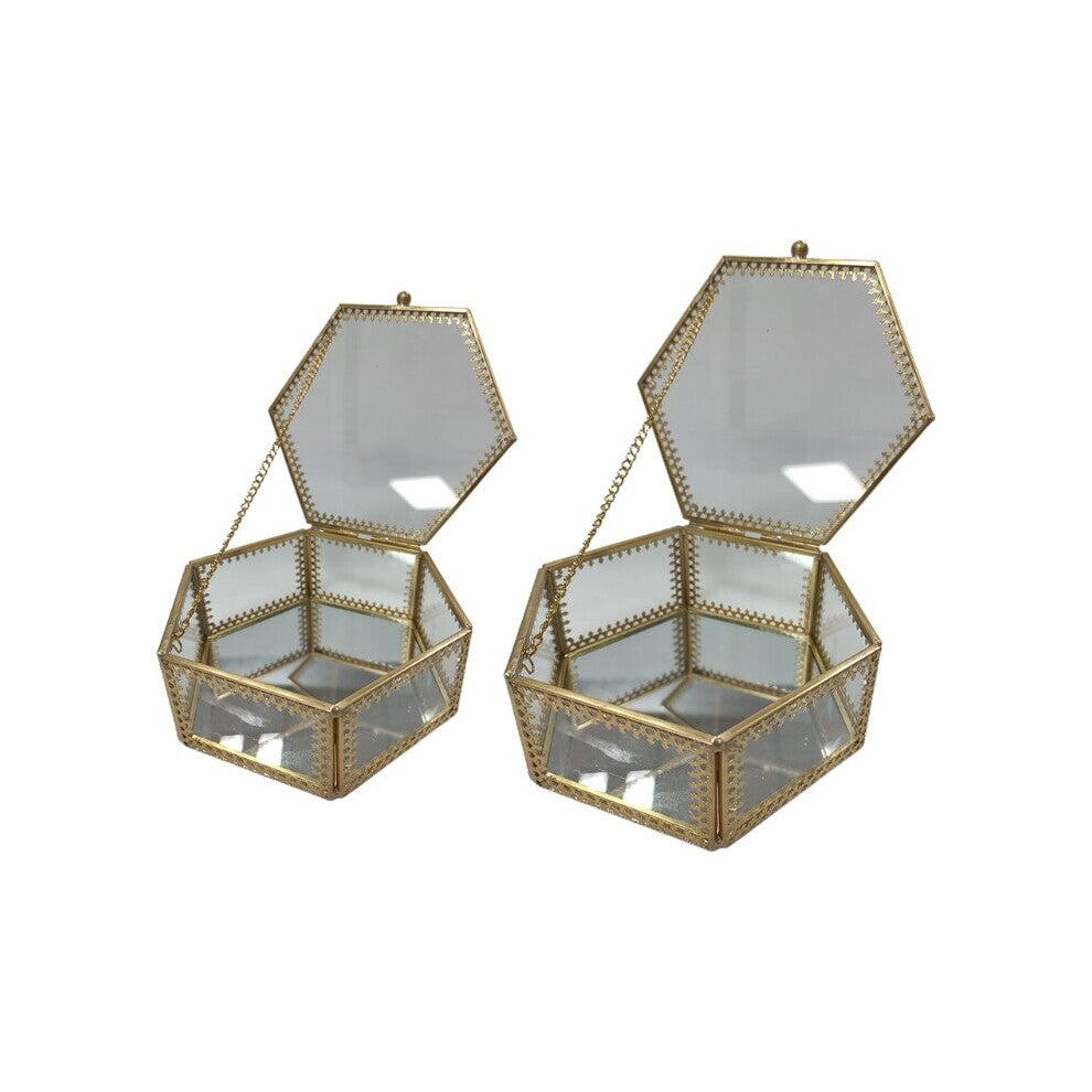 Hexagon Brass Glass Ring Trinket Box Mirror Wedding Ring Box Geometric Clear Glass Jewelry Box Tabletop Organizer