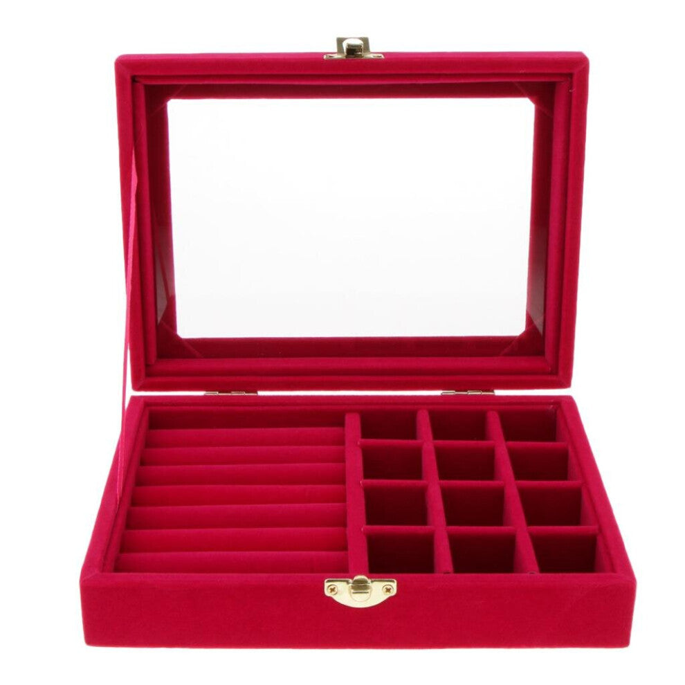 travel Portable Jewelry Storage Grid and 6 Glass Lid Rings Earrings Cufflinks Trinkets Display Case
