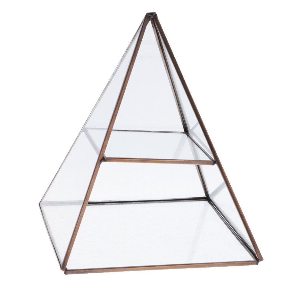 2 Tiers Vintage Style Brass Clear Glass Pyramid Mirrored Shadow Box Jewelry Display Case
