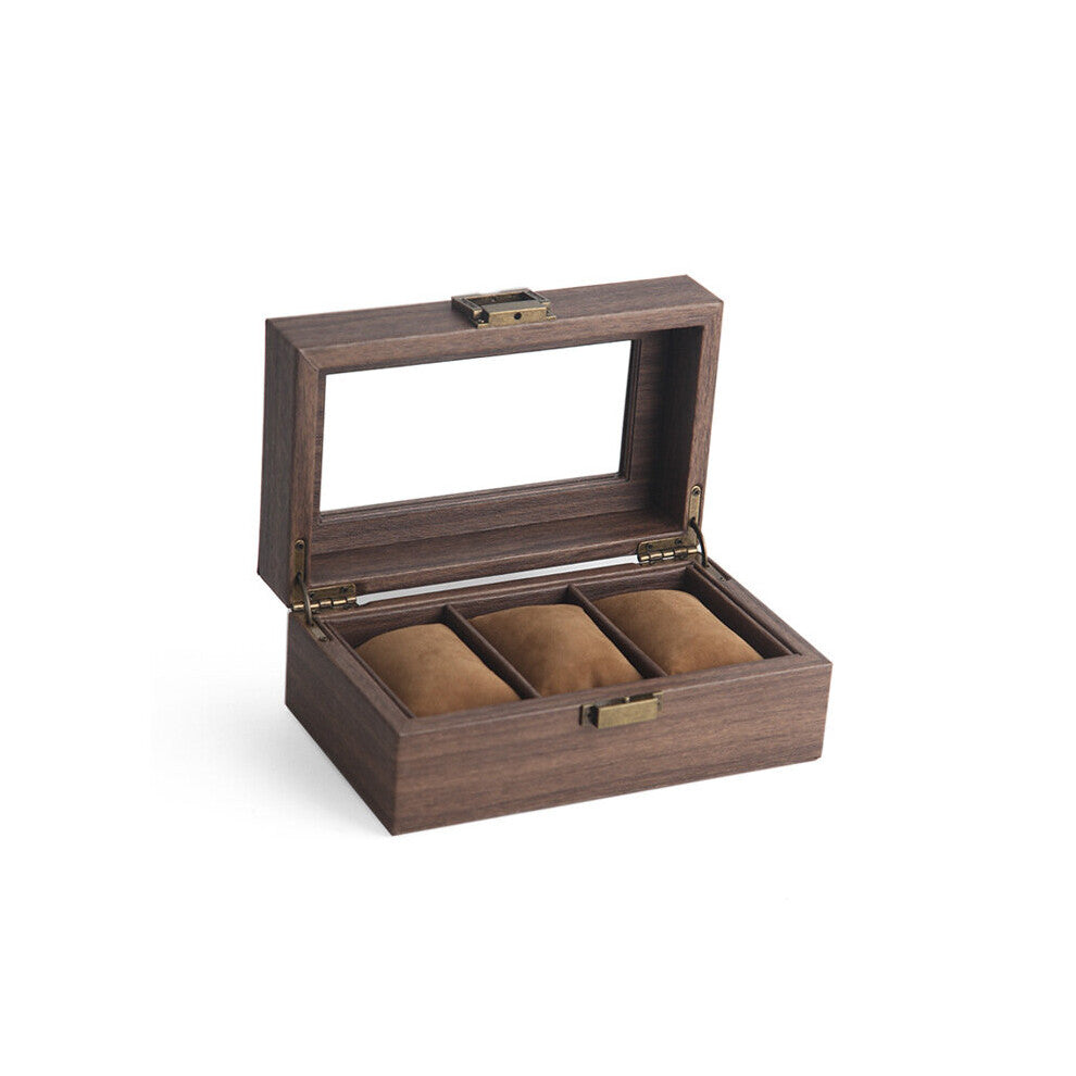 Brown Wood Grain PU Leather Watch Storage Box Jewelry Display Box Transparent Glass Cover Watch Box Organizer Box