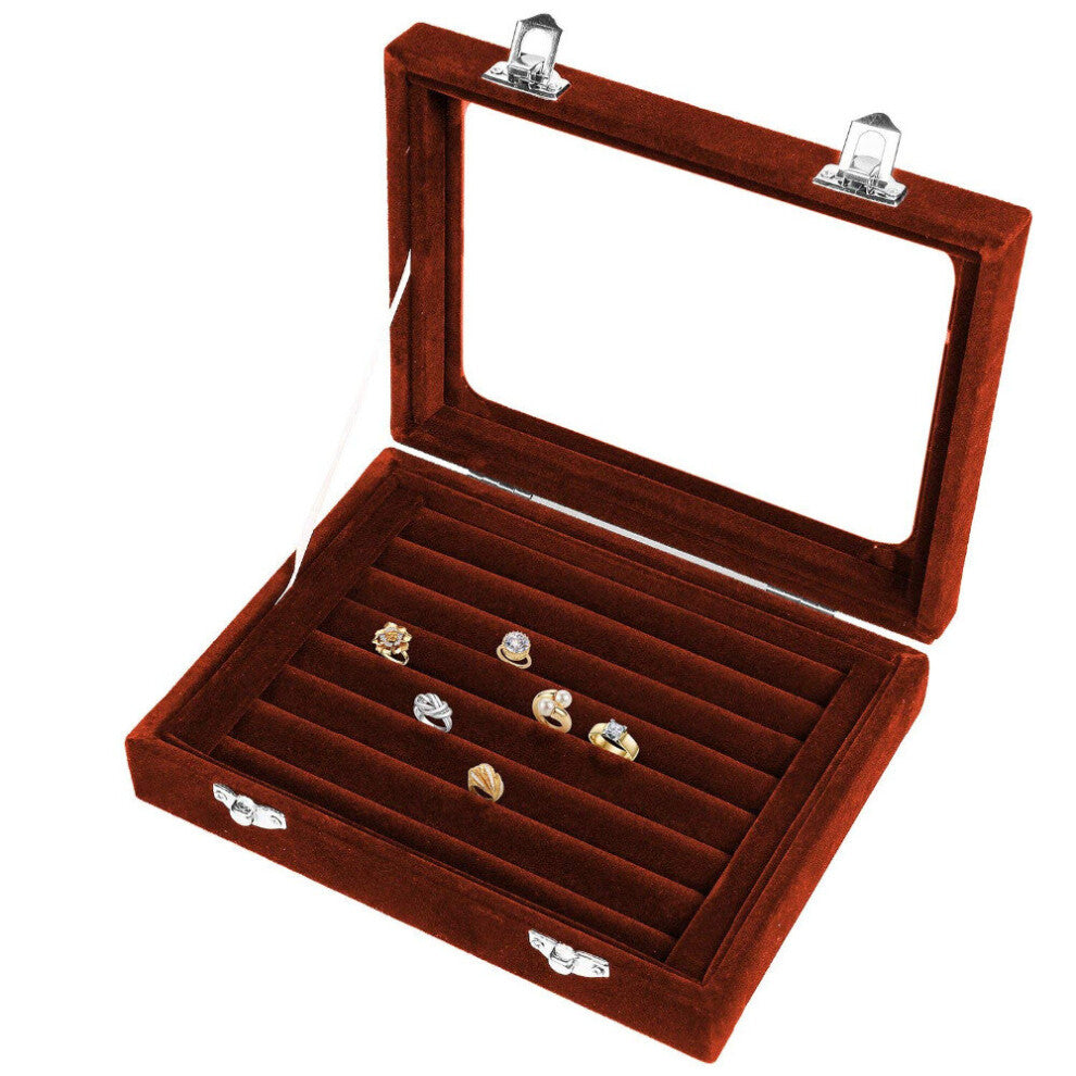 Brown 7 Slots Velvet Display Case Box Earring Ring Organizer Jewelry Tray Cufflink Storage Showcase with Clear Glass Lid