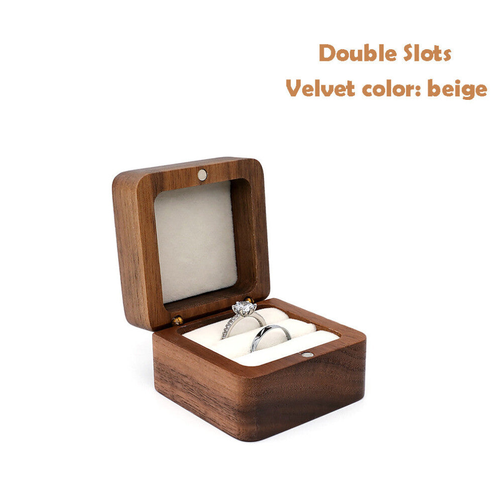 Wood Ring Box for 2 Rings Vintage Jewelry Wedding Ceremony Ring Bearer Box Walnut Engagement Ring Holder with Velvet