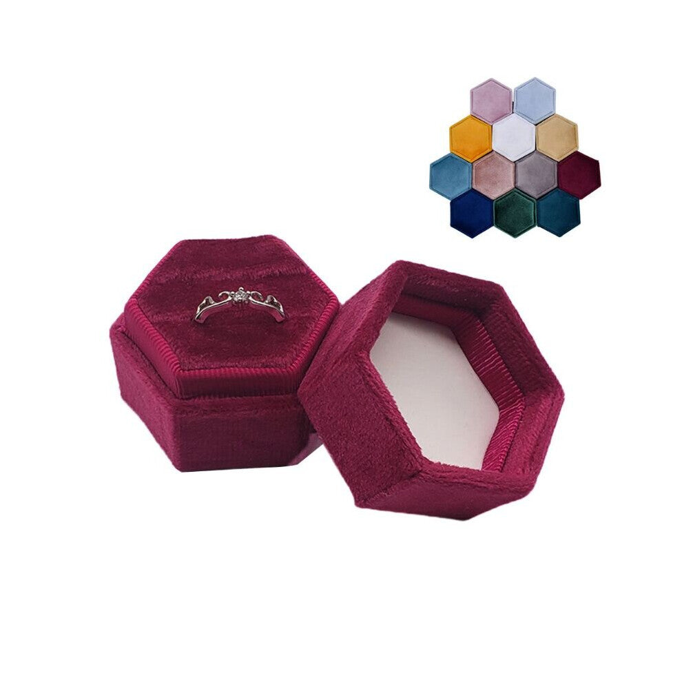Hexagon Velvet Ring Box - Vintage Double Ring Display Holder with Detachable Lid for Proposal, Engagement, Wedding, Ceremony
