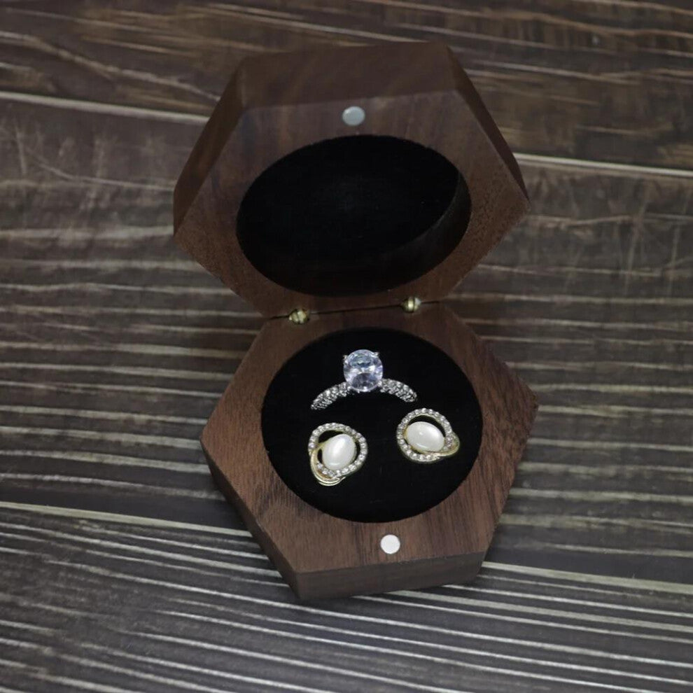 Walnut Solid Wood Wedding Engagement Personalized Name Pair Ring Case Earring Jewelry Storage Packaging