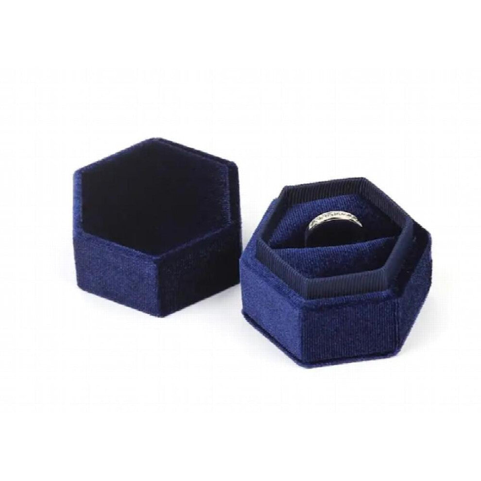 (Blue White-Single Slot) Red Velvet Ring Box Personalized Hexagon Monogram Single-Double Slot Box for Engagement Wedding Party Ring Box