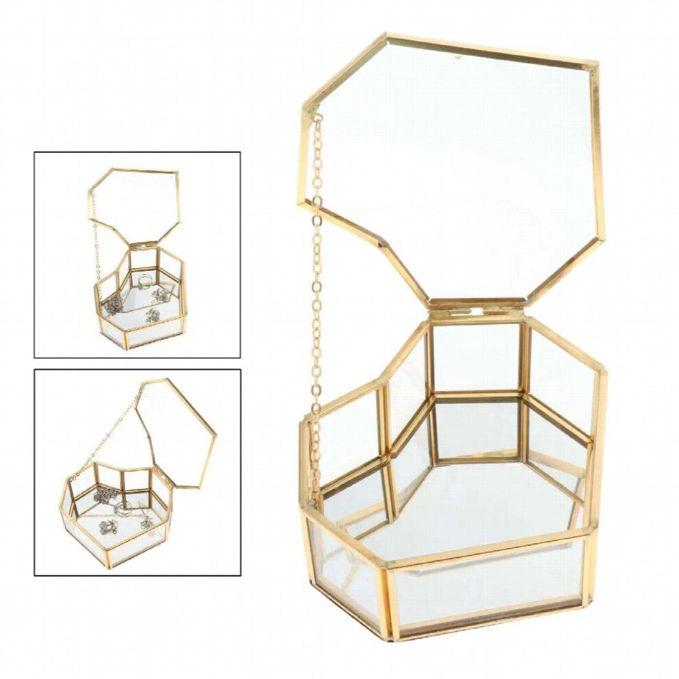 Jewelry Glass Box, Heart-sahped Clear Glass & Brass- Lided Tabletop Display Case Terrarium Box