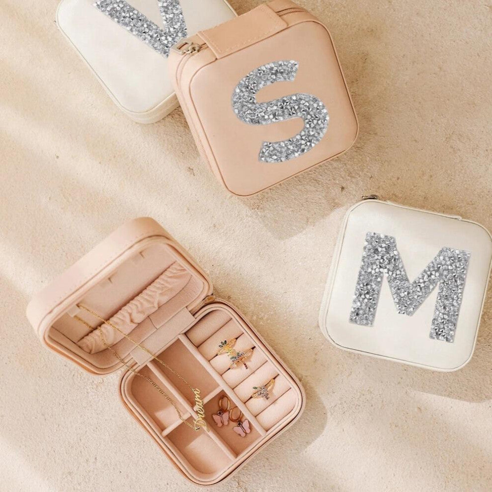 (Letter A with name White-Pink Jewellery Box) Personalized Rhinestone Initial Jewelry Box Travel Jewelry Case Mother's - Birthday - Holiday for Her Br