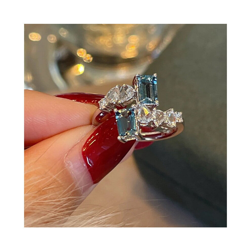 Sea Zircon Stone Open Rings for Women Silver Square Crystal Engagement Wedding Ring