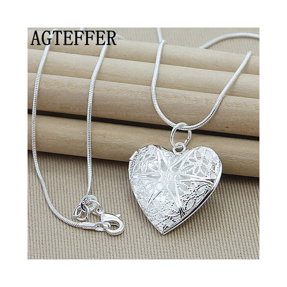 925 Sterling Silver Heart Photo Frame Pendant Necklace 18 Inch Snake Chain For Woman Charm Wedding Jewelry Gift