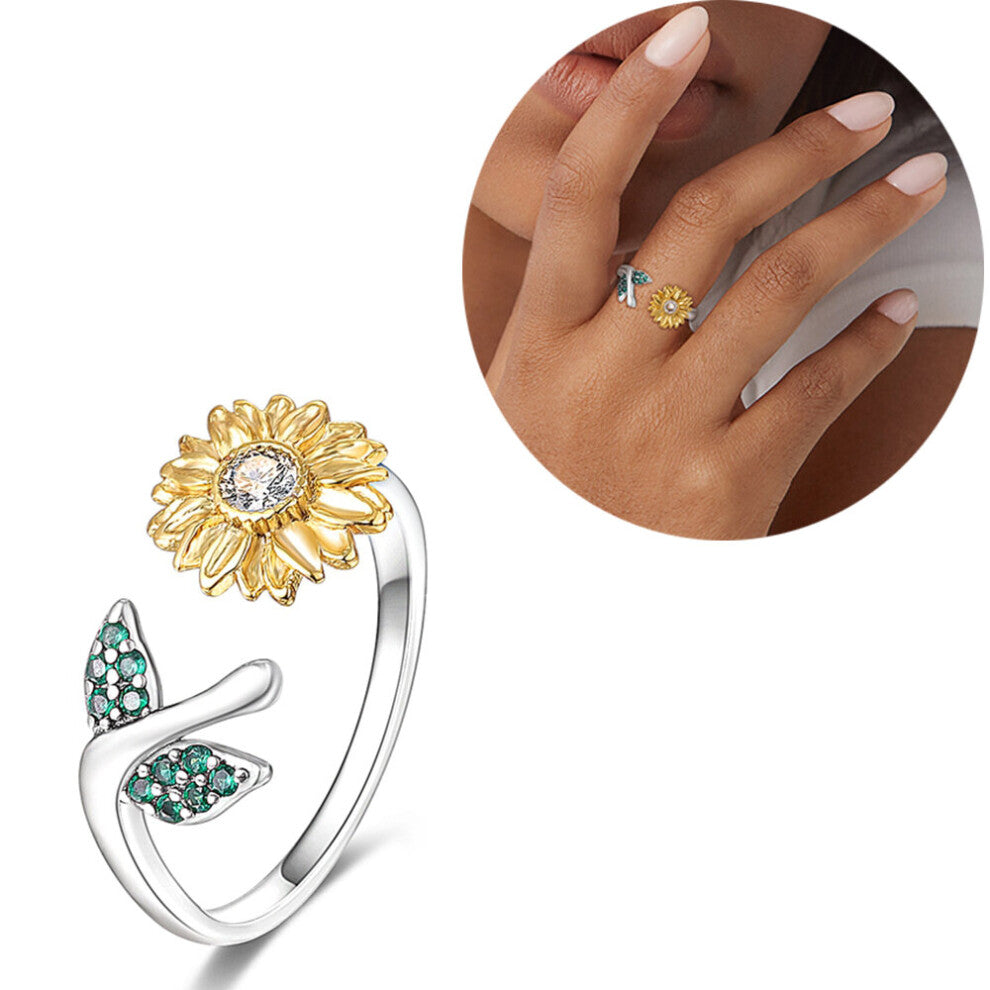925 Sterling Silver Jewelry Adjustable Sunflower Flowers Cat Ring for Women Engagement Birthday Party Banquet Wedding