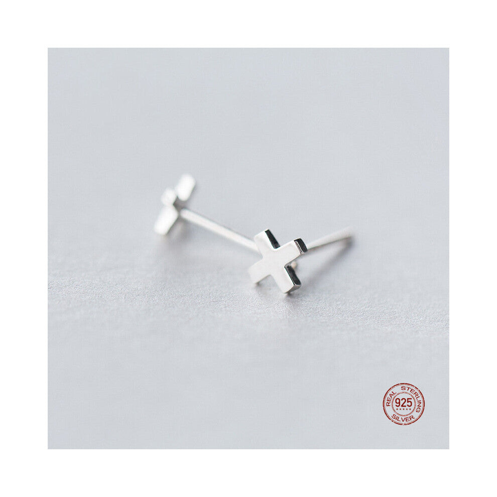 Real 925 Sterling Silver Classic Glossy Cross Stud Earrings Party Jewelry For Women Girls Ear Studs Ornaments