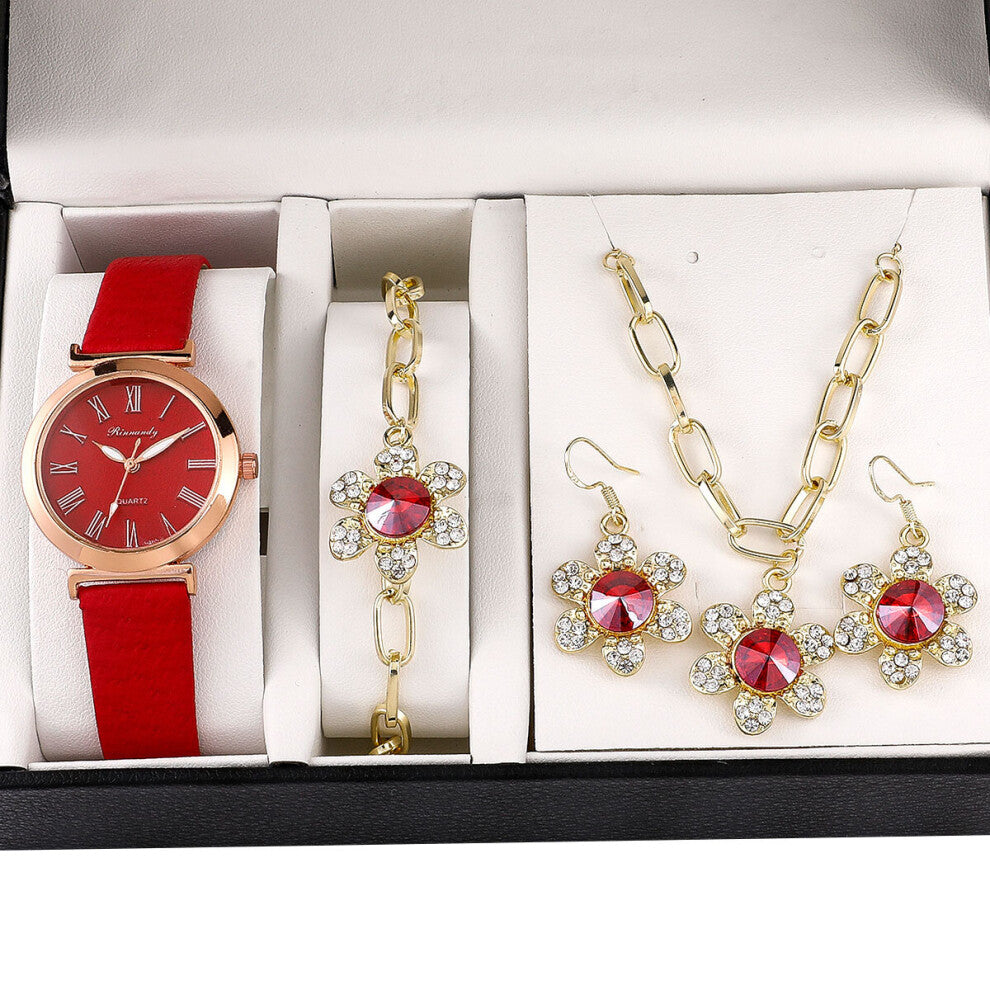 Women's Watch+Necklace+Ring+Earrings Set Female's Gift for Mother's Gift PU Strap Good-looking Casual Quartz Watch FS99