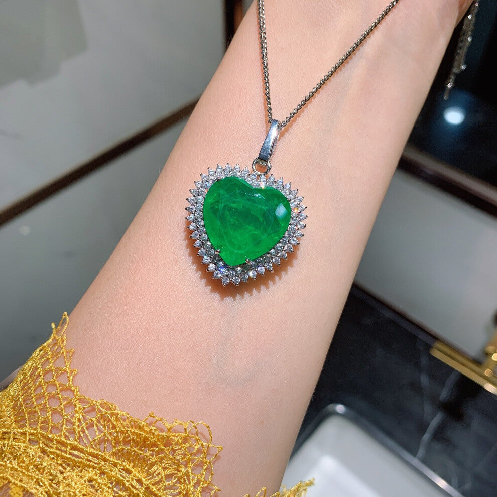 Women Jewelry Silver Paraiba Tourmaline Lab Emerald Heart Pendant Necklace Promise Lover Chokers Chain