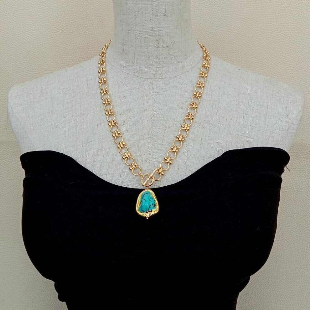 YYGEM 22x28mm Turquoise Pendant Plated Chain Chokers Necklace Gems Jewelry