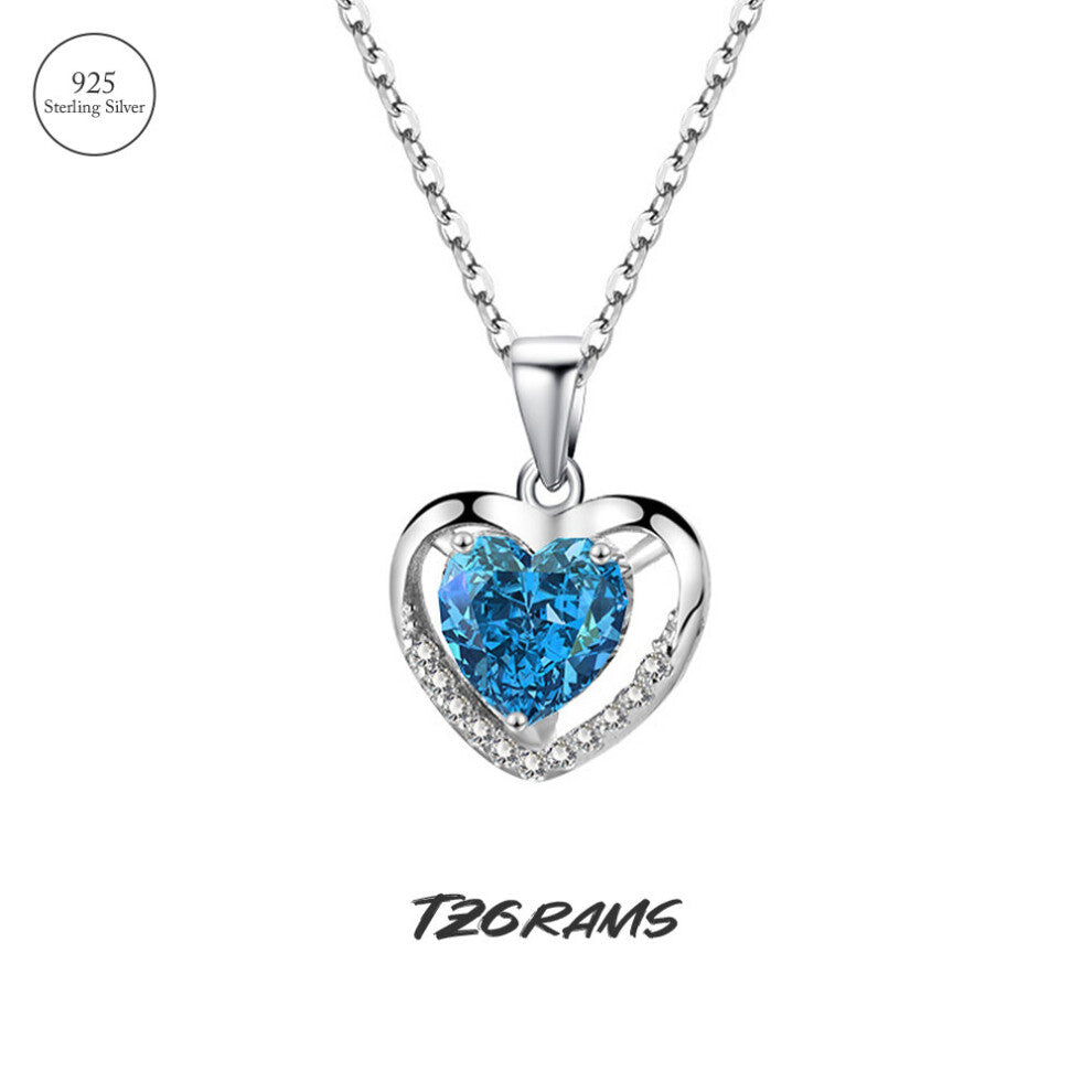 925 Real Silver Simulated Diamond Necklace Heart Pendant Jewelry Glossy Wedding Accessories
