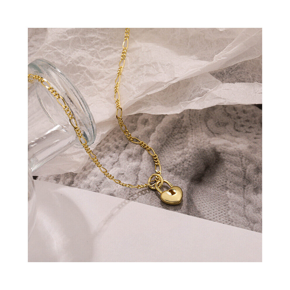 Sterling Silver Vintage Lock Necklace For A Girl Heart Pendant Glossy Accessories