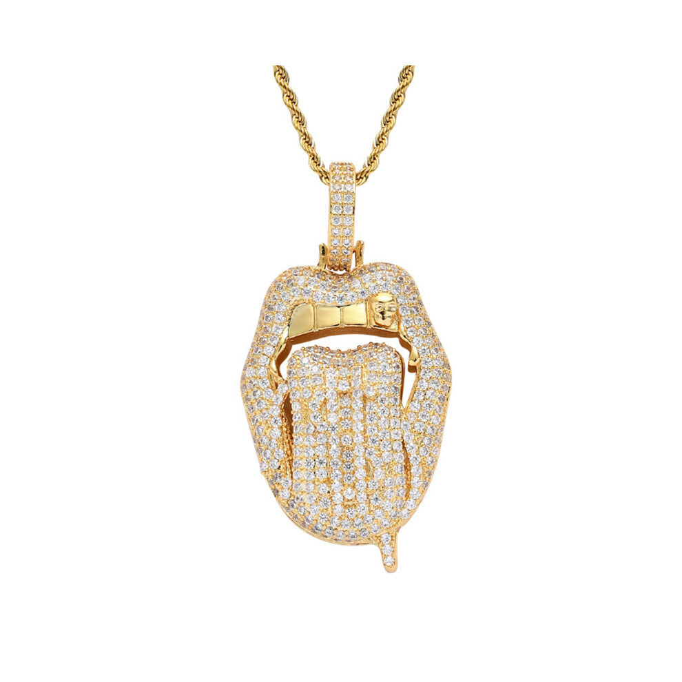 Rhinestone Men Necklace Ice Out Cubic Zircon Hip Hop Dollar Lips Pendant Charm Chain Jewelry