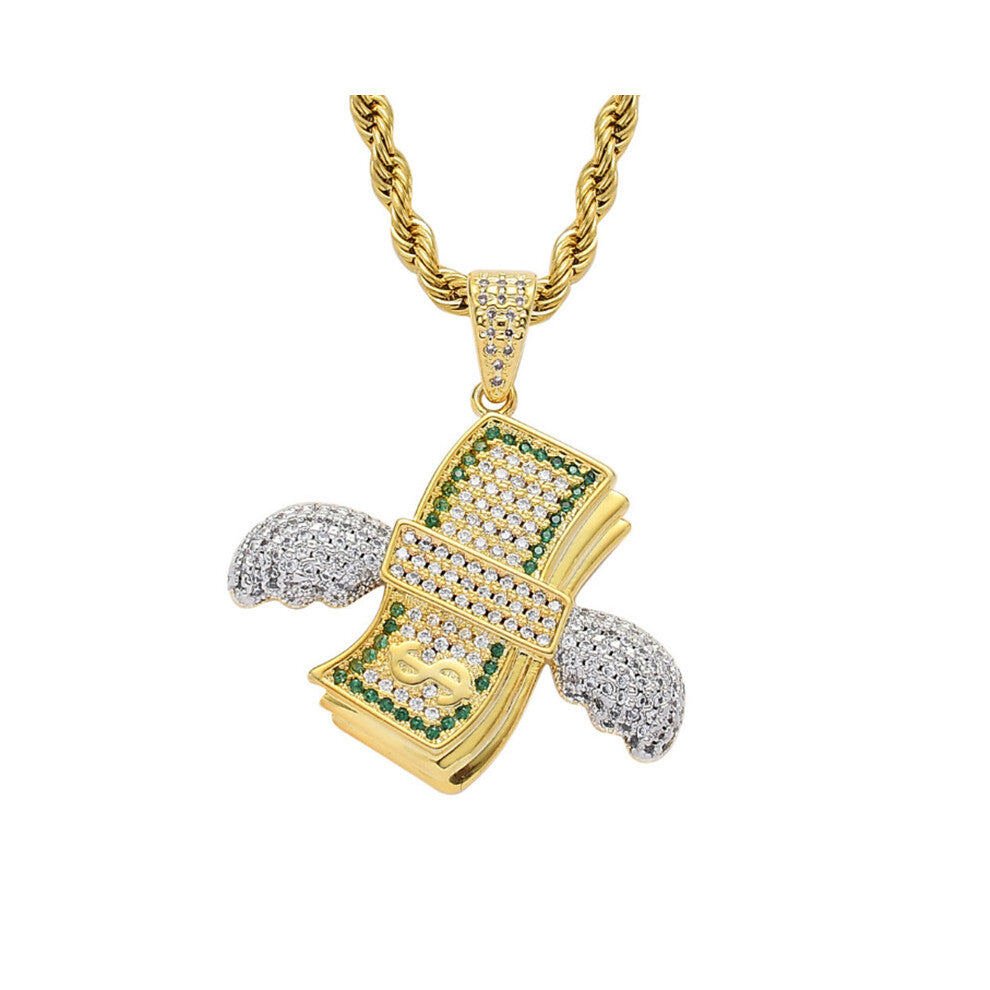 Rhinestone Men Necklace Ice Out Cubic Zircon Hip Hop Flying Dollar Pendant Charm Chain Jewelry