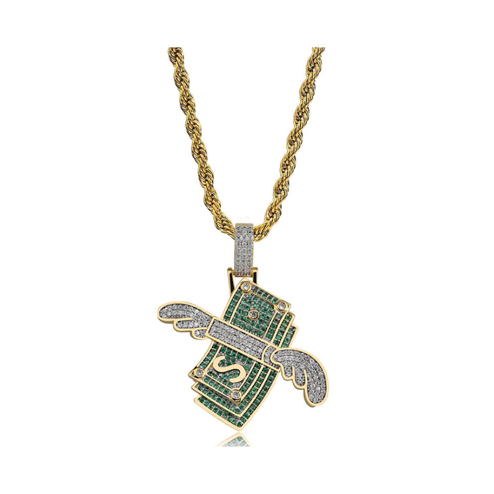 Men's Jewelry Rhinestone Necklace Full Cubic Zircon Flying Dollar Pendant Link Hip Hop Chain for Male