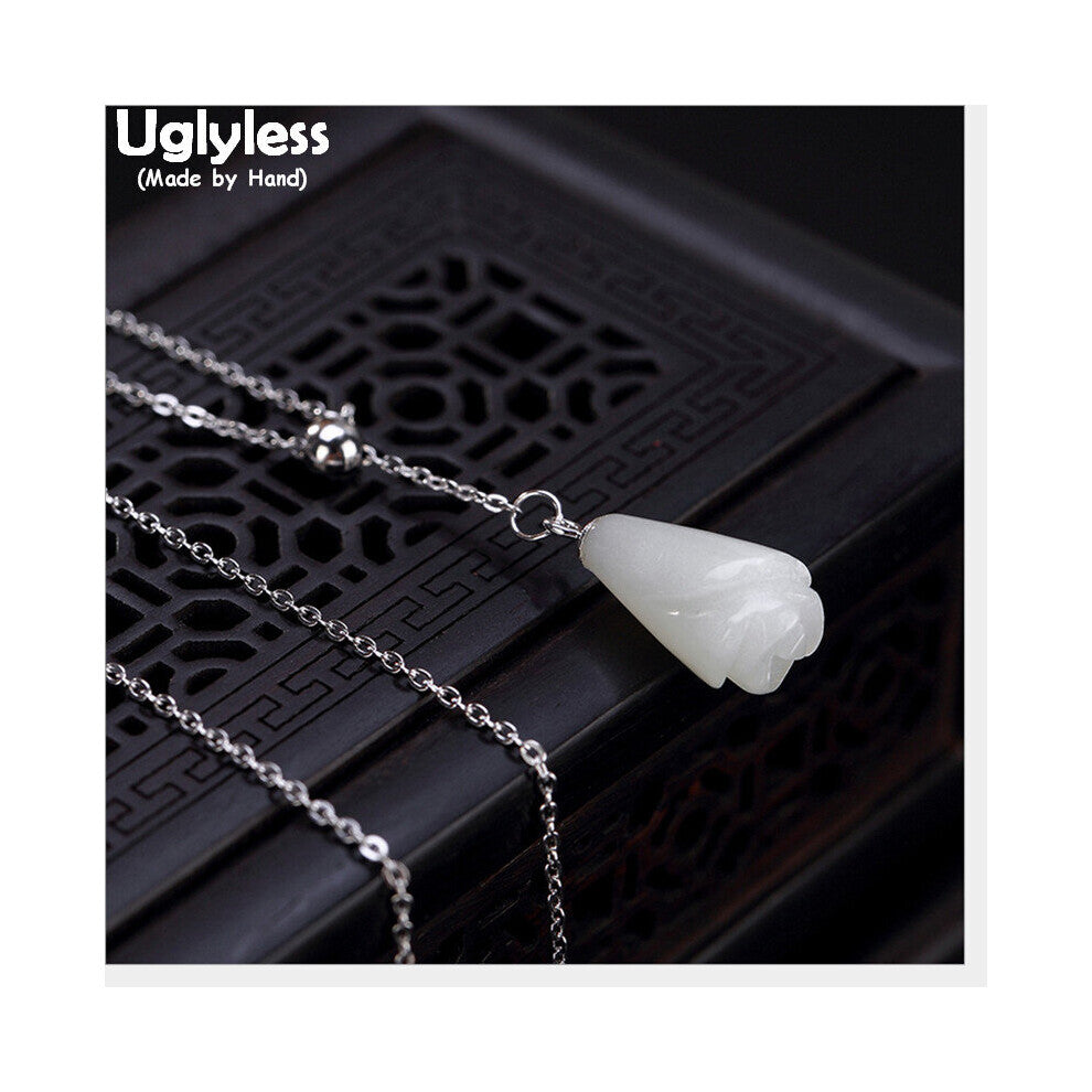 Real Solid 925 Sterling Silver Natural Jade Magnolia Necklaces for Women Floral Chokers With Chain Gems Pendant