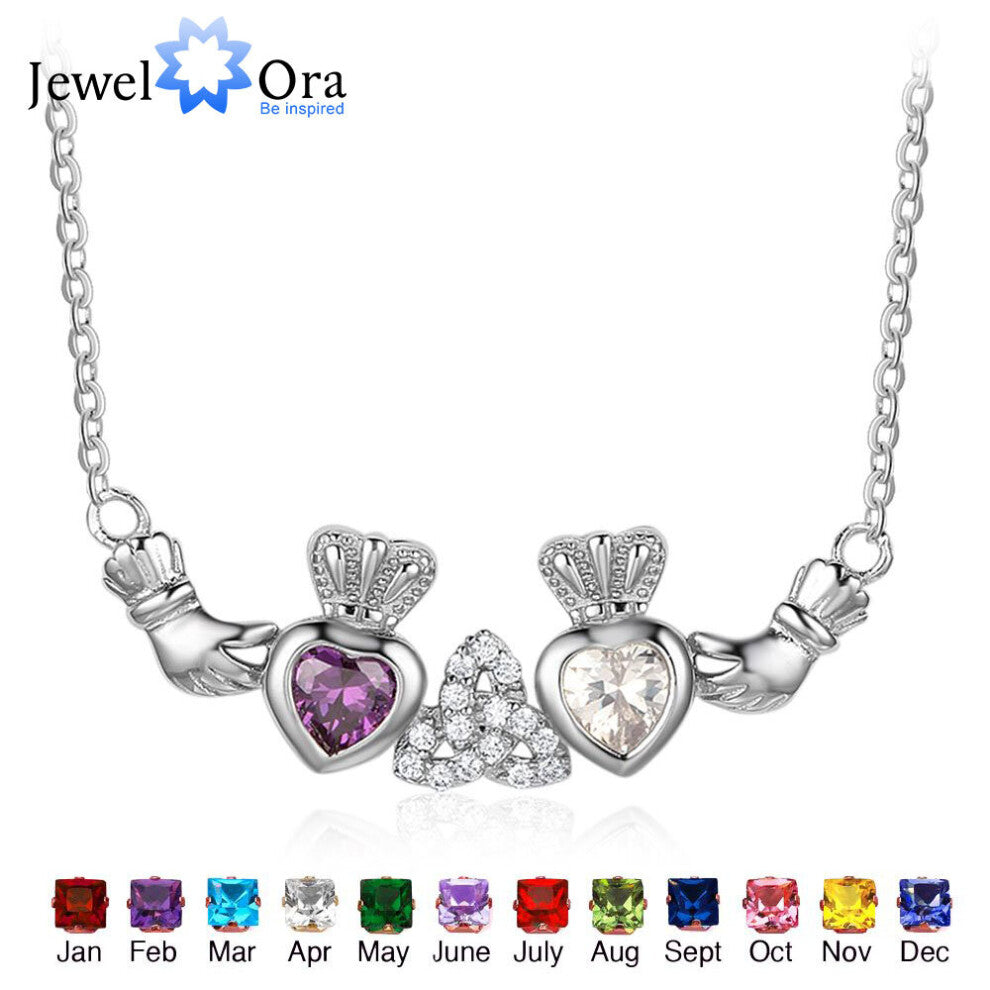 925 Sterling Silver Claddagh Necklace&Pendants 2 Heart Crown Stones Necklace Irish Friendship Gift JewelOra NE101916