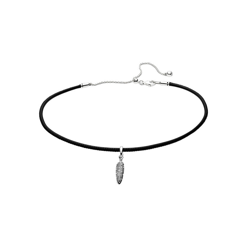 Leather Chokers Necklaces For Women Jewelry Silver 925 Feather Pendant Clasp Closure Slider Link Chain Zircon Stone Torques