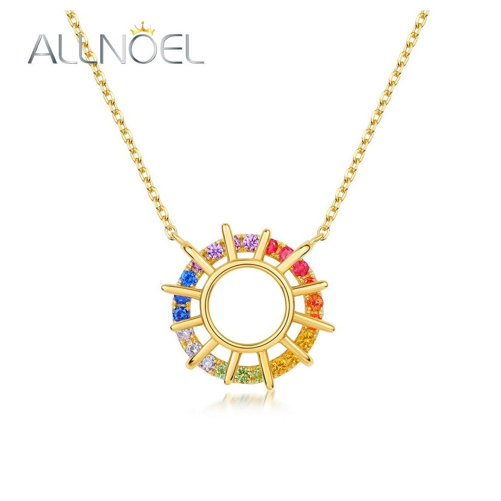 Rainbow Circle Turntable Pendant 925 Sterling Silver Necklace For Women Colorful CZ Zircon Plated Jewelry