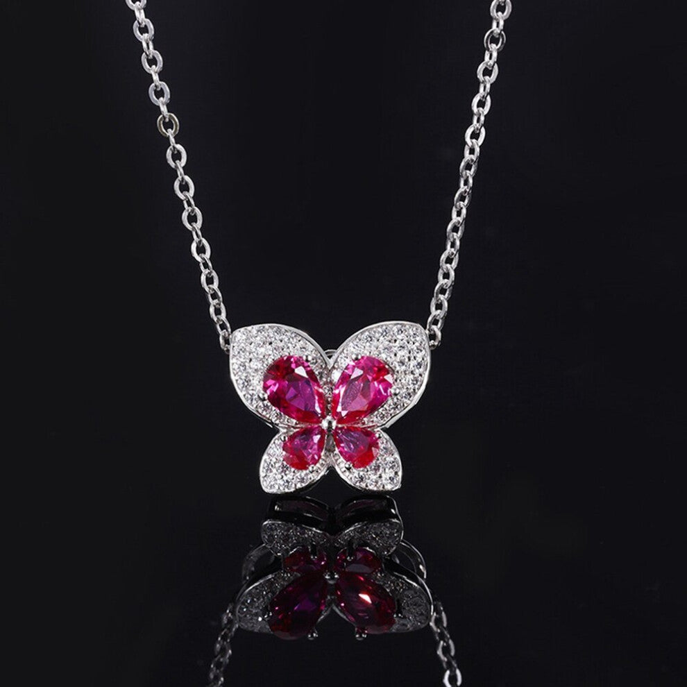 100% 925 Sterling Silver Butterfly Ruby High Carbon Diamonds Gemstone 18K Pendant NecklaceFine Jewelry