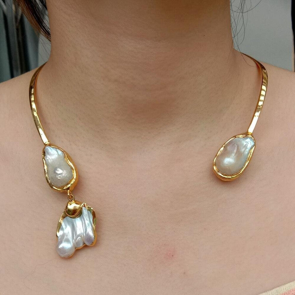 KKGEM Natural 18x31mm Keshi Freshwater Pearl Yellow Plated Choker?Necklace