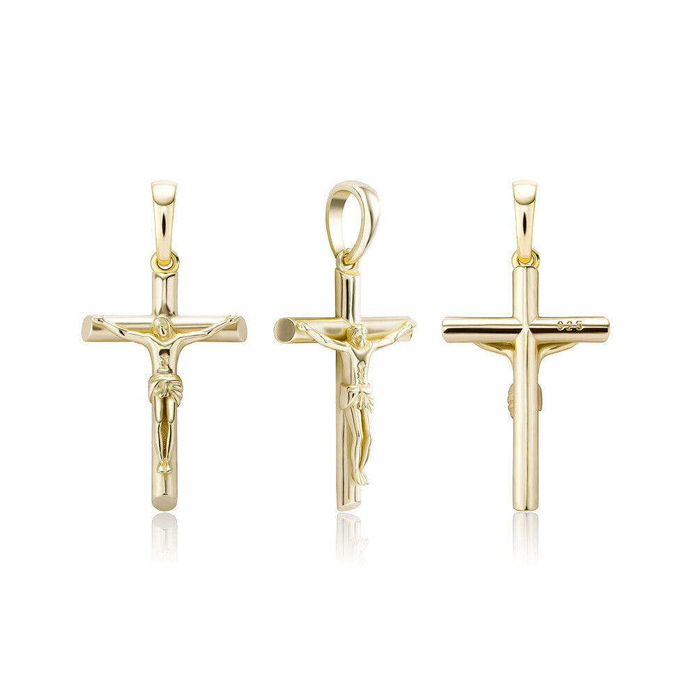 (Gold White-18inch 45cm) 925 Silver High HIP HOP All-Match Glossy Cylinder Jesus Cross Men and Women Jewelry For Gift