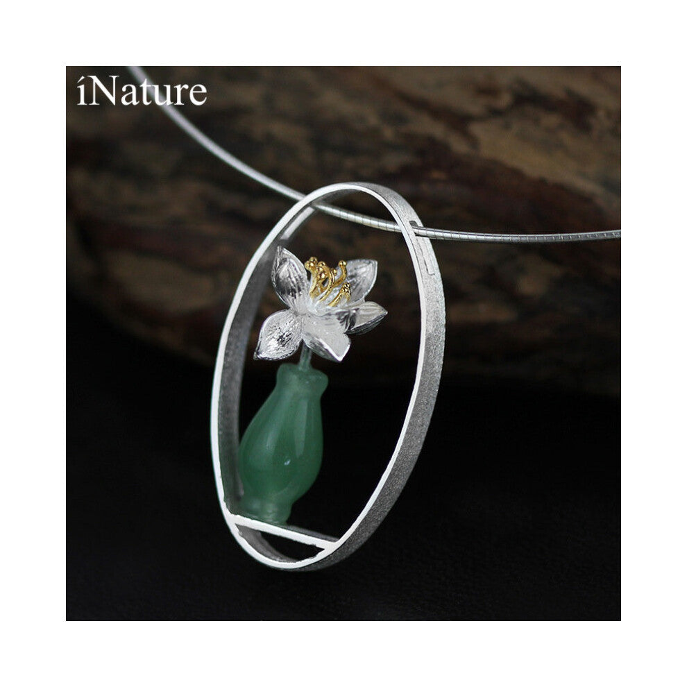 Natural Aventurine Vase Flower Pendant Necklace For Women 925 Sterling Silver Jewelry