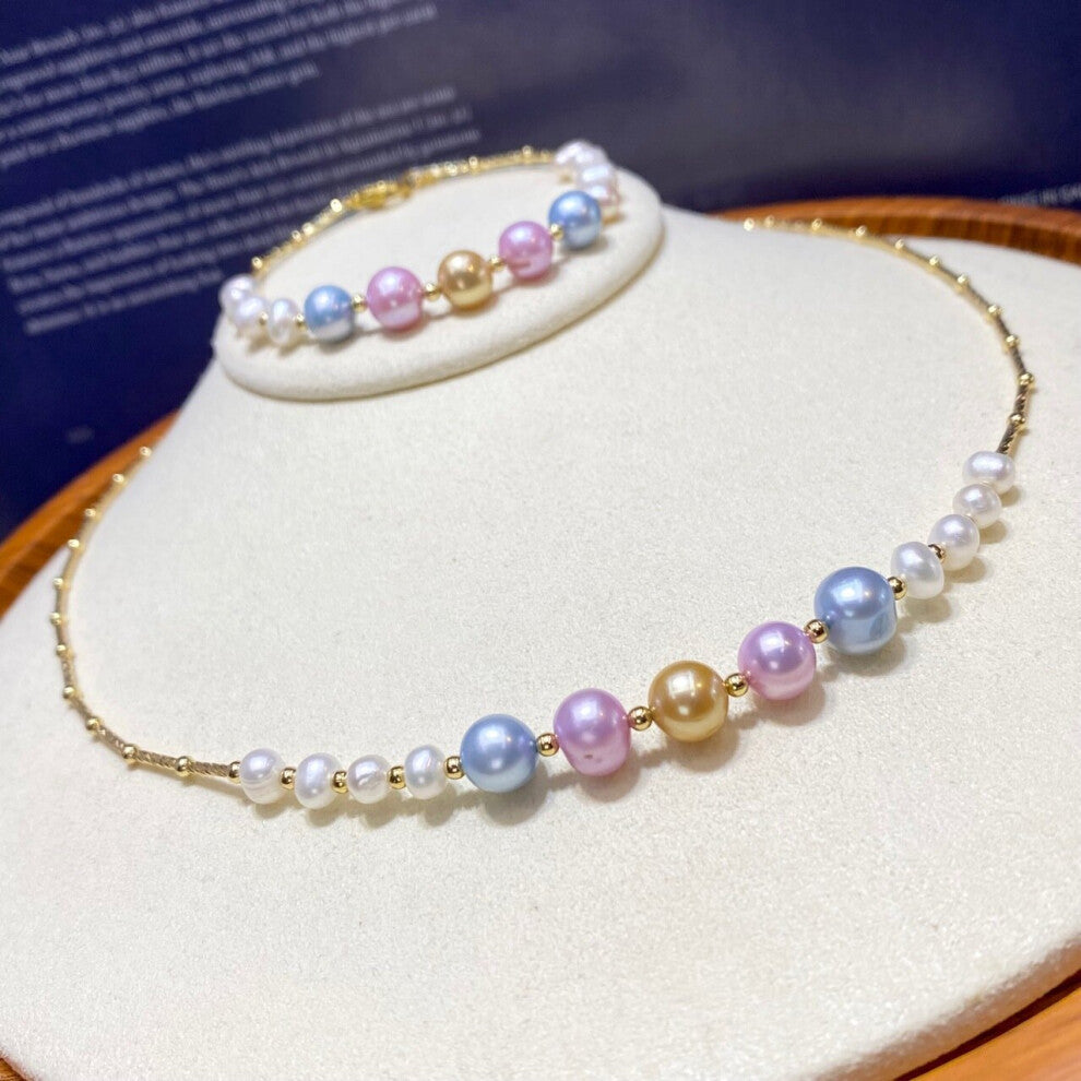 Candy-colored natural 6-9mm freshwater pearl dazzling colorful mother clavicle chain mixed necklace bracelet set