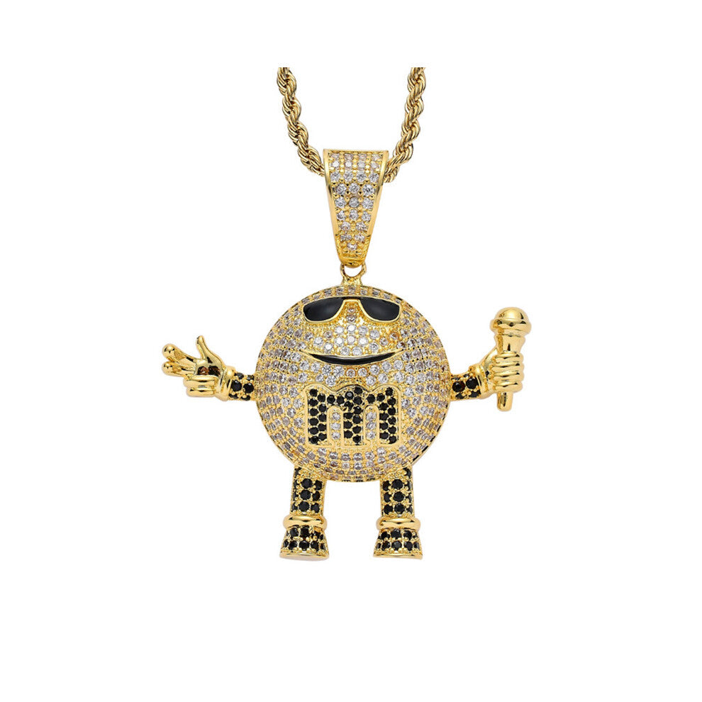 Rhinestone Men Necklace Ice Out Cubic Zircon Hip Hop Microphone Human Pendant Silver Charm Chain