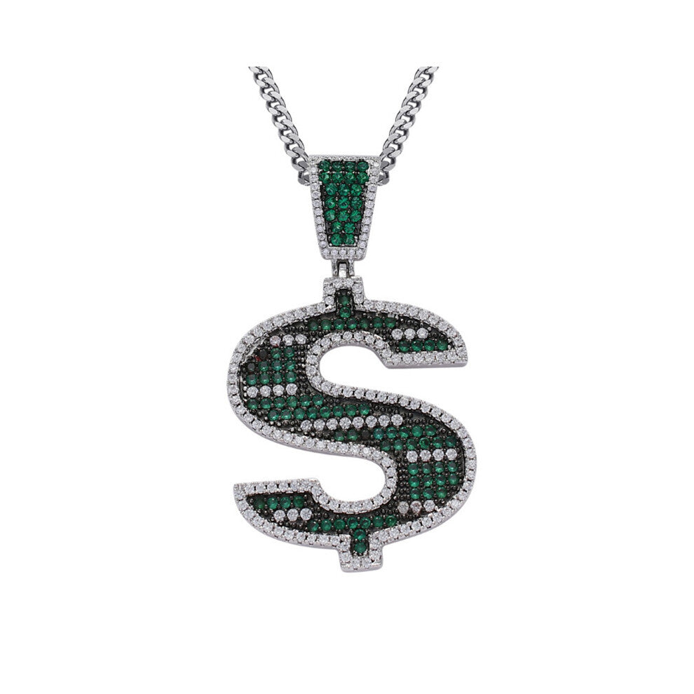 Jewelry Hip Hop Charm Chain Men Ice Out Cubic Zircon Green Dollar Sign Pendant Necklace
