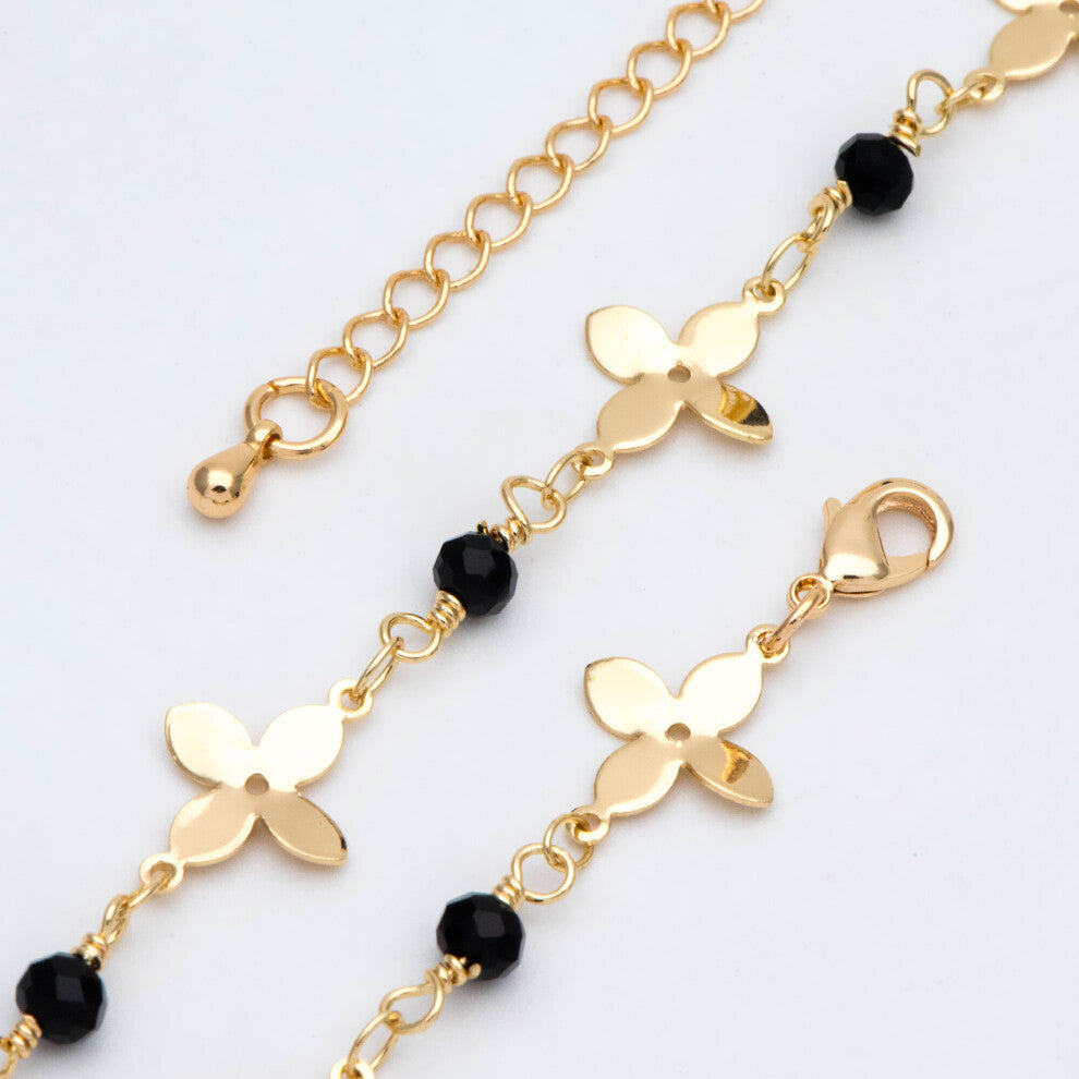 Plated Brass Flower with Beads Chains, Finished Bracelet- Necklace with Extender Chain, Ready to Wear (#LK-172)