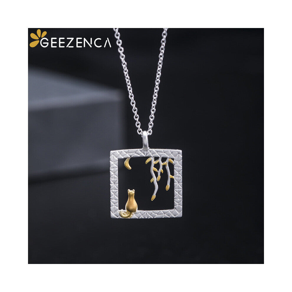 S925 Silver Dual Colors Cat Willow Moon Pendant Necklace Women Artistic Chokers Necklaces Party Gift