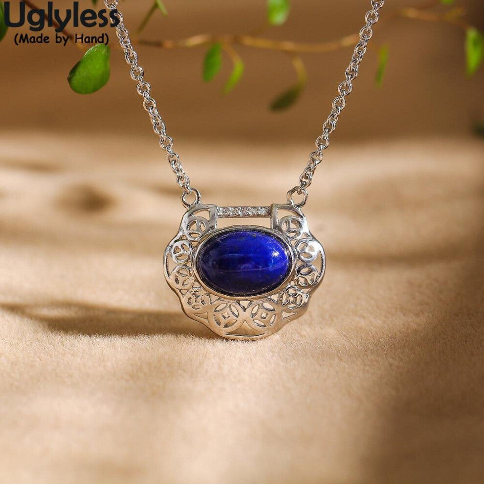 Vintage Ethnic Dress Jewelry for Women Natural Lapis Pendants Necklaces + Chain 925 Silver Chokers Hollow Heart Jewelry