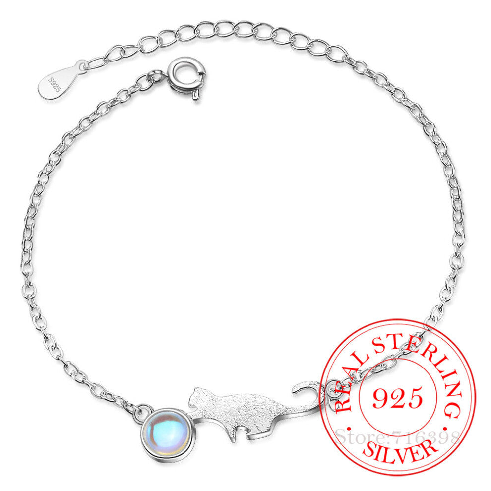925 Sterling Silver Moon Stone Cat Charm Bracelet&Bangle For Women Girl Wedding Christmas Jewellery