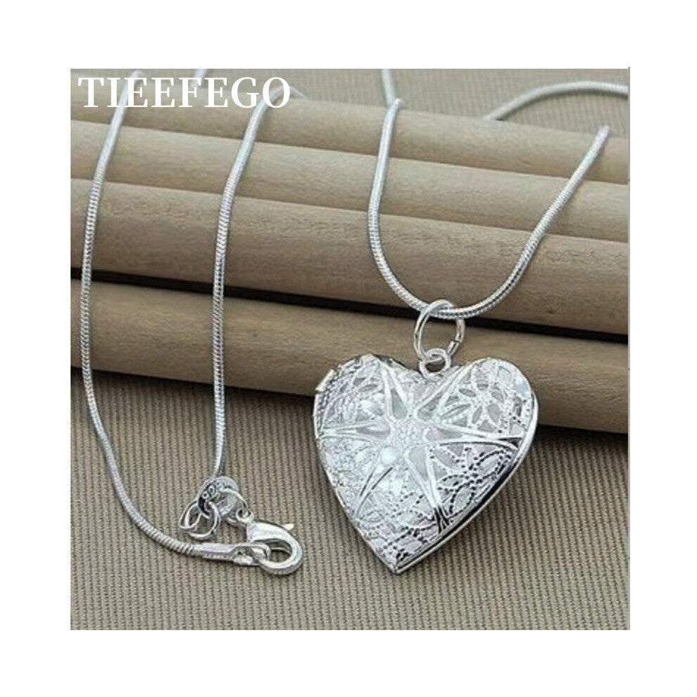 925 Sterling Silver Heart Photo Frame Pendant Necklace 18 Inch Snake Chain For Woman Charm Wedding Jewelry