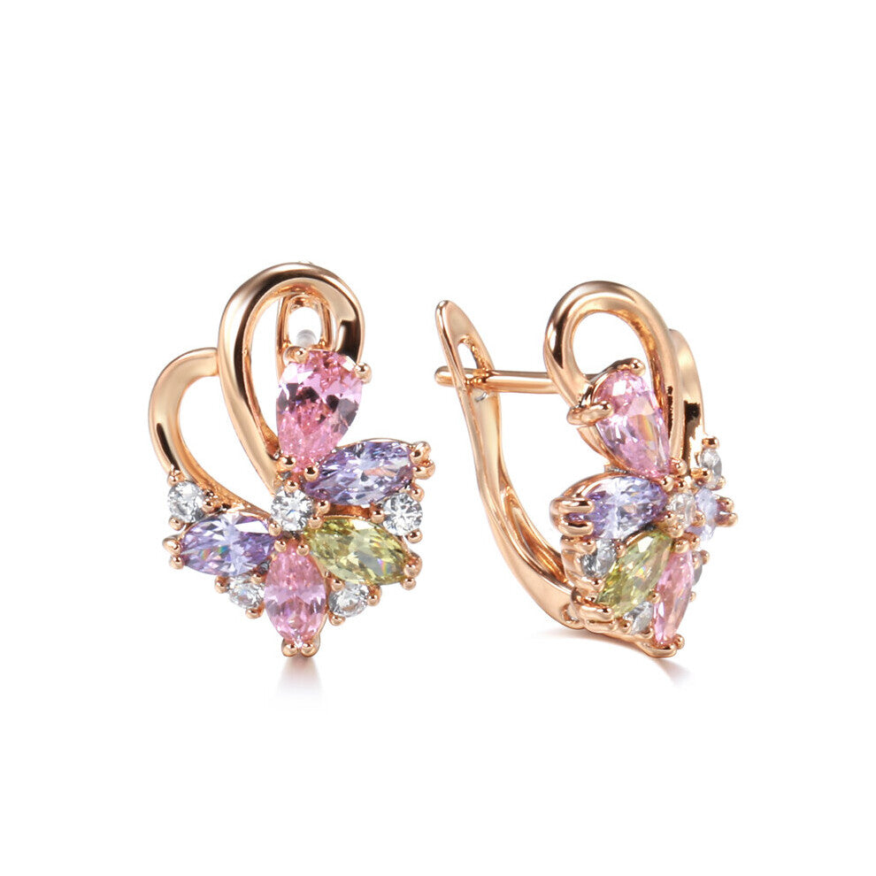 585 Rose Clip Earrings Water Drop Colorful Zircon Curve Earring Symmetry Piercing Hoops for Women Party Jewelry Gift
