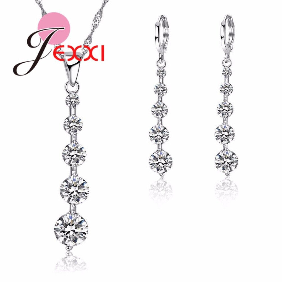 CZ Zircon Long Pendant+Earrings Necklace Jewelry Sets 925 Sterling Silver Wedding Jewelry for Women Wedding