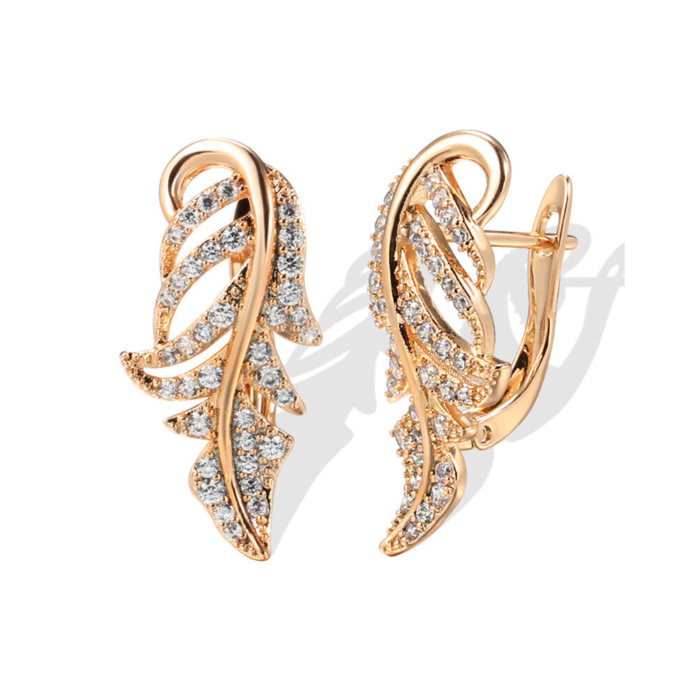 Hot Vintage Zircon Earrings 585 Rose Leaf Texture Piercing Hoops Engagement Wedding Golden Jewelry Earrings