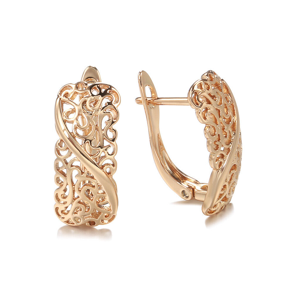 Vintage 585 Clip Earrings for Women Hollow Carve Glossy Drop Pattern Earring Wedding Hoops Party Jewelry