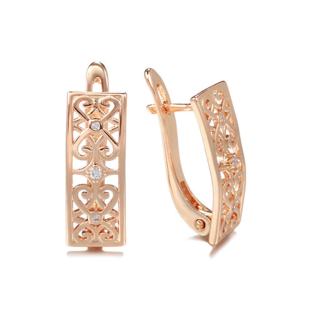 585 Rose Full Hollow Clip Earrings Glossy Square Micro Inlay Zircon Hoops Vintage Women Wedding Earring Jewelry