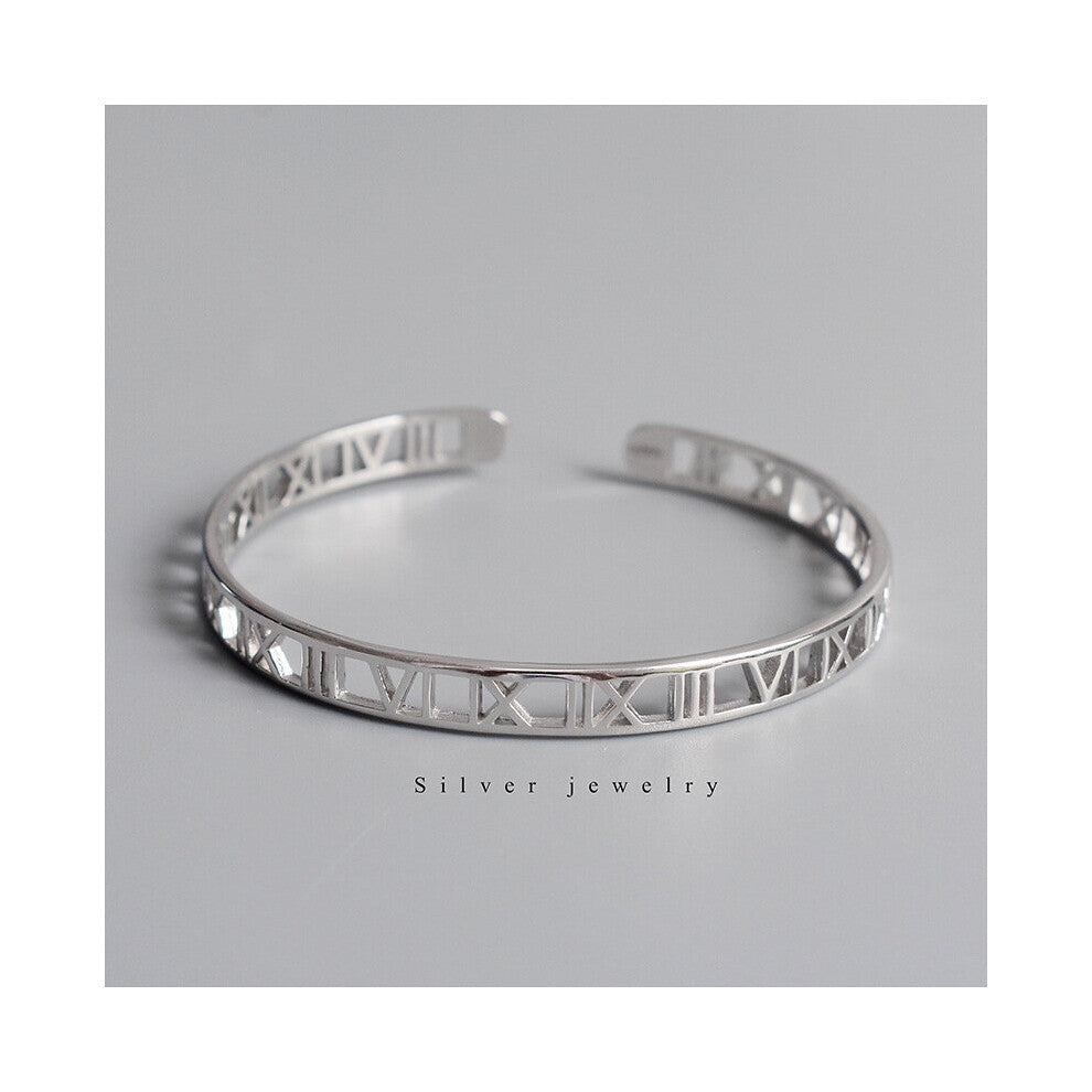 925 Sterling Silver Female Sweet Bangle Glossy Smooth Roman Numerals Open Bangle for Women Girl Jewelry