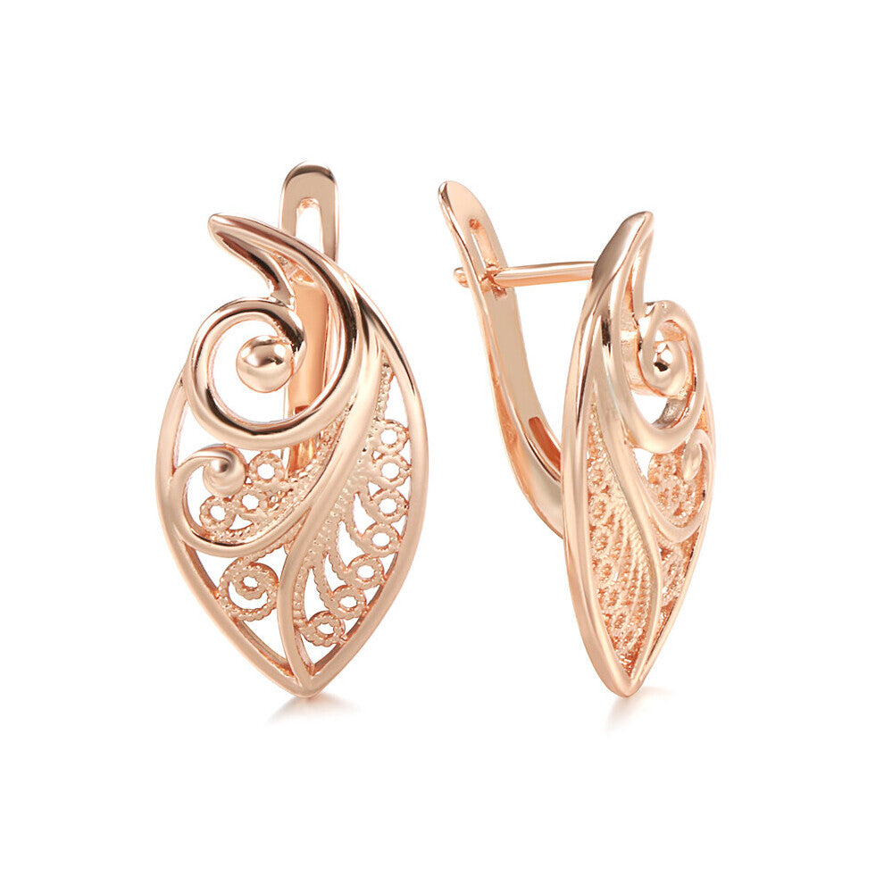 585 Rose Texture Vintage Earrings for Women Hollow Large Glossy Clip Earring Piercing Hoops Fine Wedding Golden Jewelry