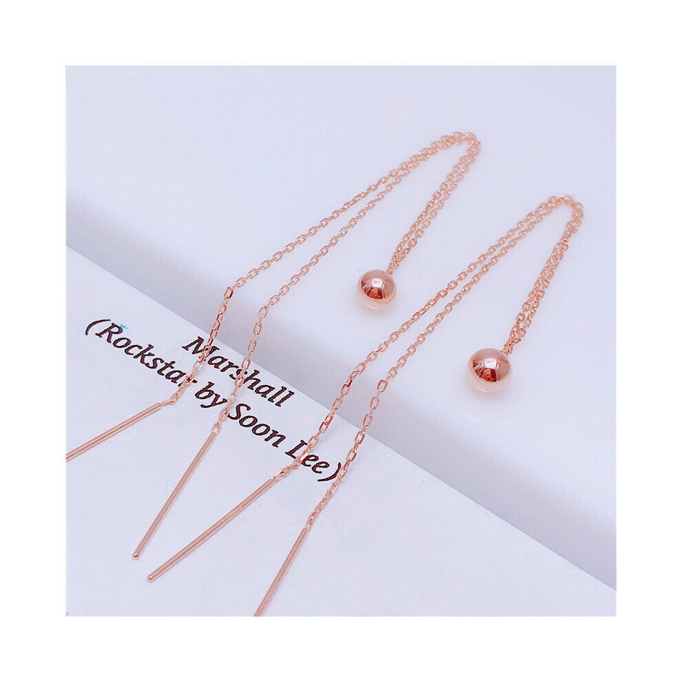 585 Purple Plated 14K Rose Glossy Round Bead Long Double Chain Ear Line Classic Earrings for Women Party Jewelry