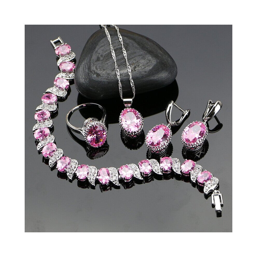 (Silver 4PCS Sets White-8-Silver) Oval Pink Crystal Zircon Wedding 925 Sterling Silver Jewelry Sets For Women Earrings-Rings-Bracelet-Necklace-Pendant